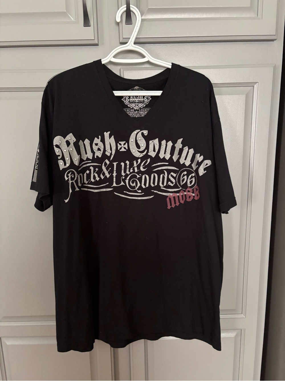 Affliction Black Graphic V-Neck Tee with White and Red Accents